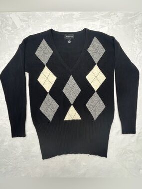 McDuFF Argyle Pattern V-neck 100% Cashmere Sweater Size M